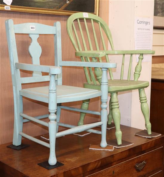 A Victorian childs green painted stick back elbow chair and one other (2)